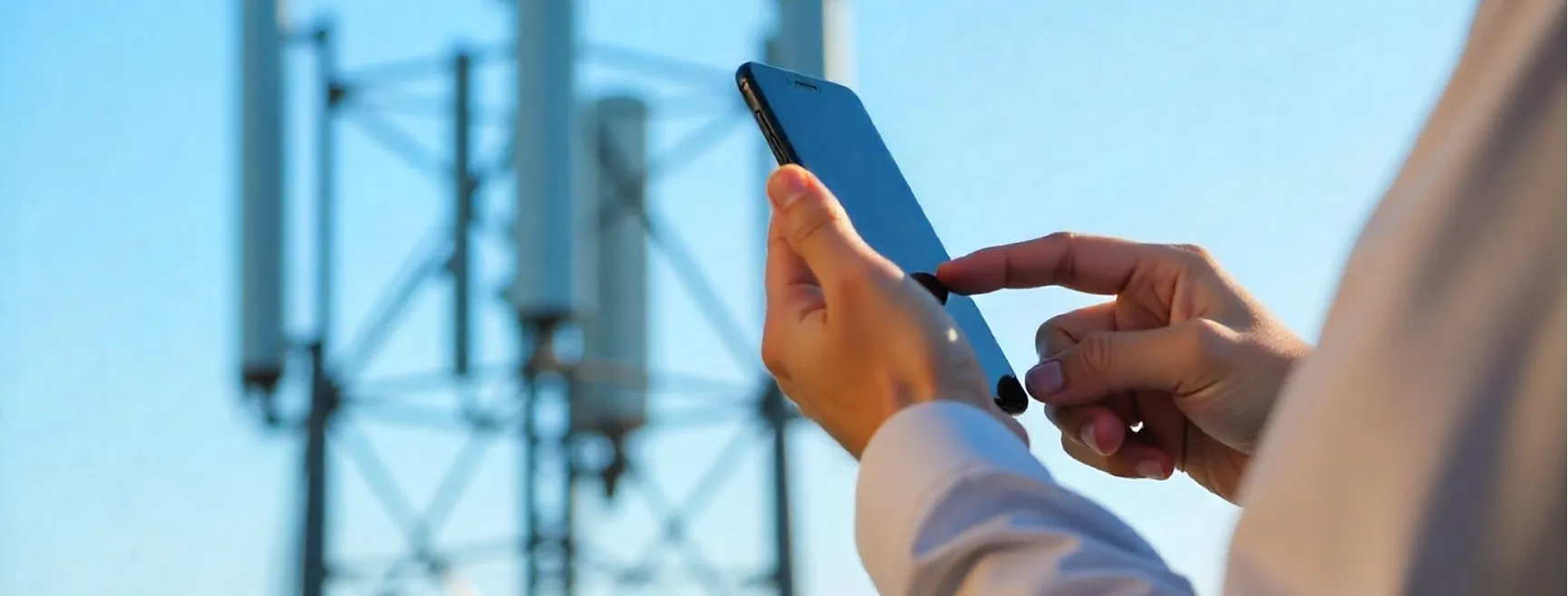 A person using a smartphone in front of a telecommunications network tower, representing modern digital connectivity.