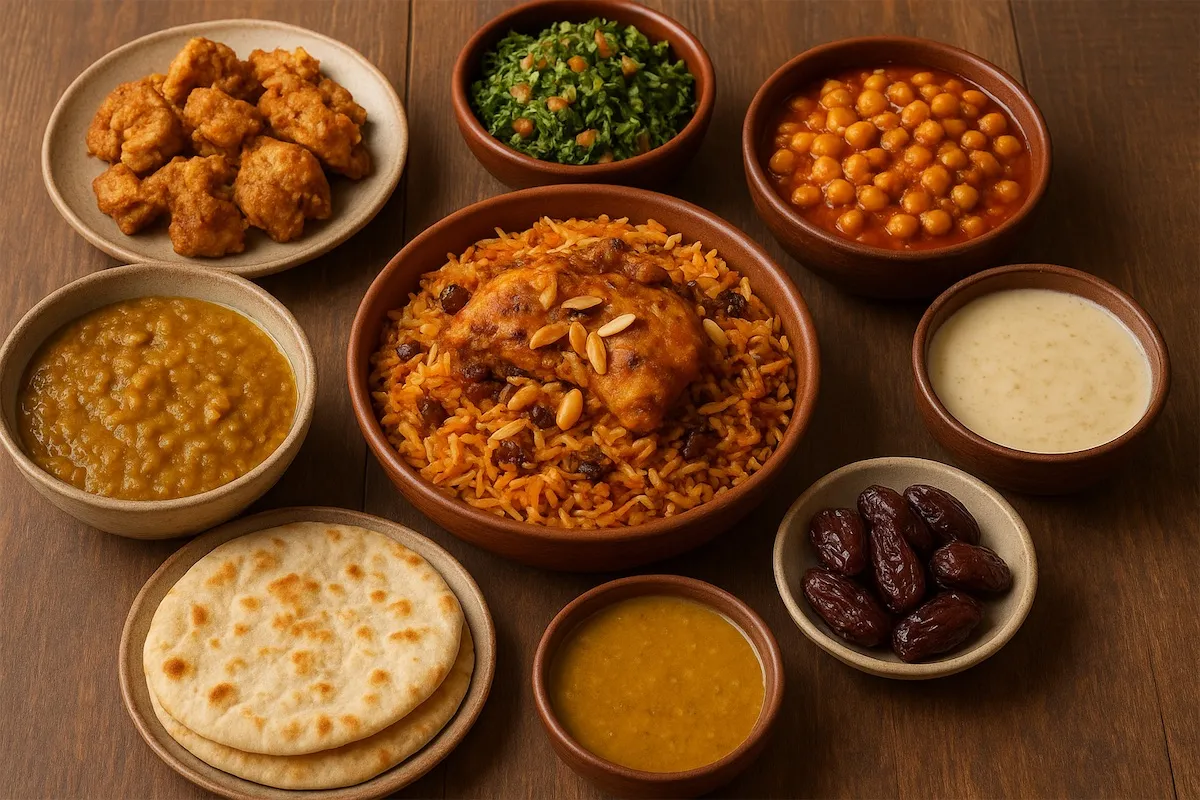 A spread of traditional Makkh dishes including kabsa, dates, and various side bowls.